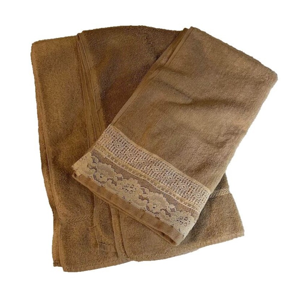 Set Of 3 Vintage Soft Martex/Martex Luxor Beige Hand Towels 1 w/White Lace Trim
